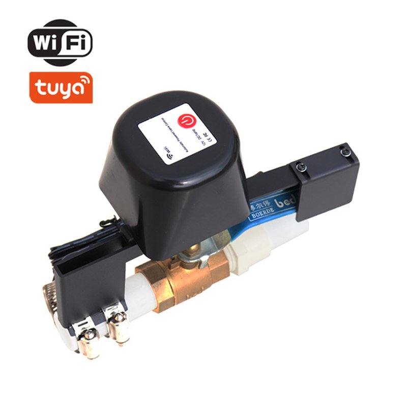 Actuator negru pe robinet cu bilă, cu sigle WiFi și Tuya