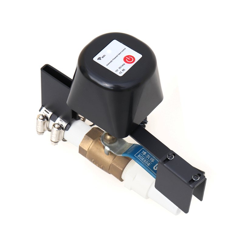 Actuator negru pe robinet cu bilă, văzut din lateral, cu suport din plastic negru