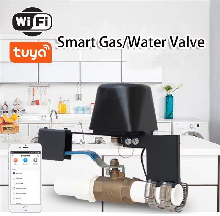 Actuator pe robinet cu bilă într-o bucătărie, telefon cu aplicația, text „Smart Gas/Water Valve” și sigle WiFi și Tuya